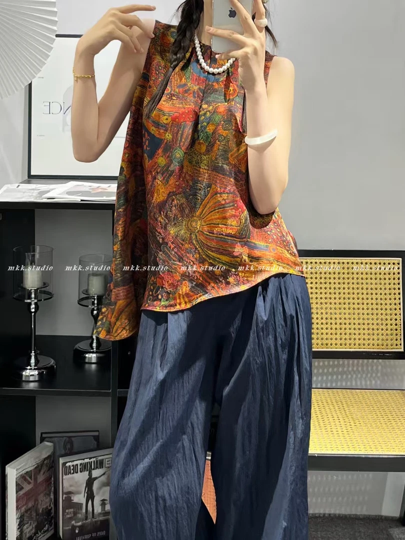 Kin.轻奢服饰新款欧货老钱风斜边晕染提花圆领人丝无袖背心福利