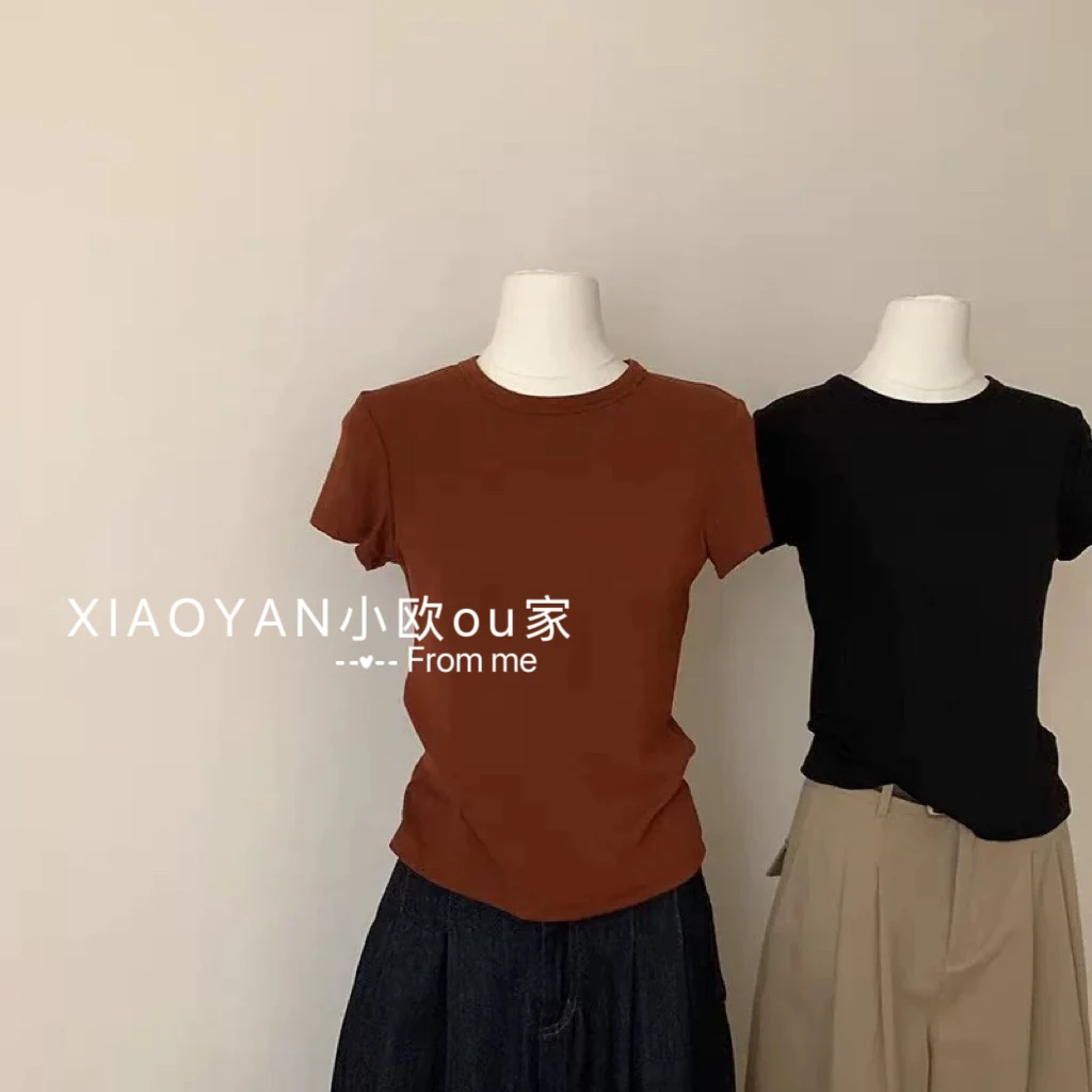 2025夏季新款感韩系正肩收腰褶皱百搭简约圆领修身短袖T恤