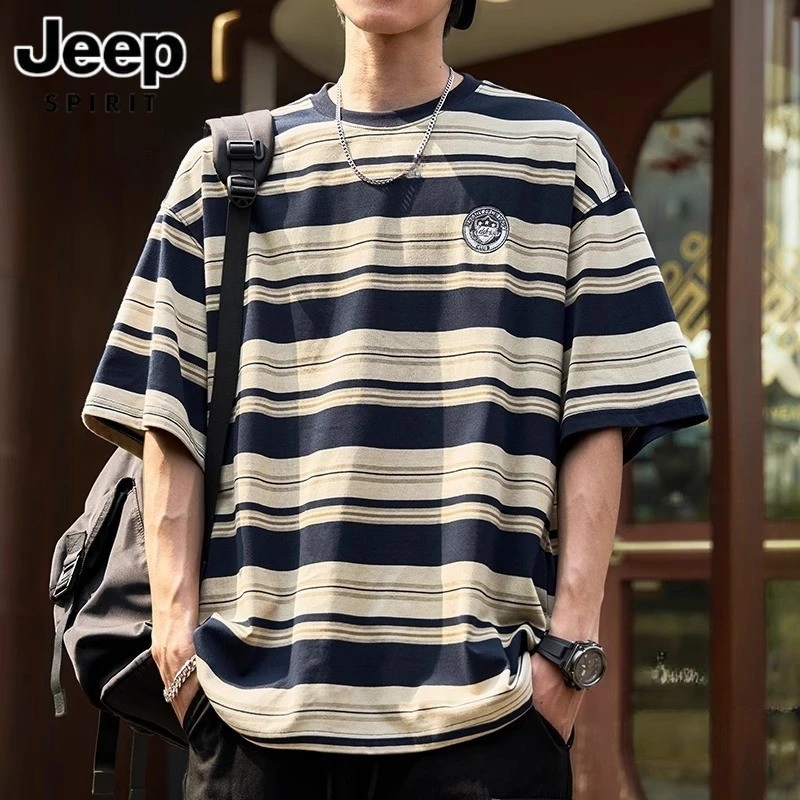 吉普条纹t恤男夏季复古海魂衫撞色短袖美式松弛感重磅宽松半袖ins