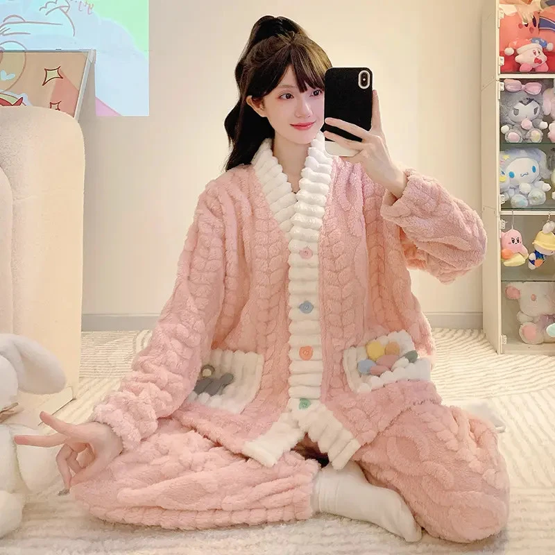 大码睡衣冬季新款珊瑚绒加绒加厚开衫加肥加大宽松胖MM女士家居服