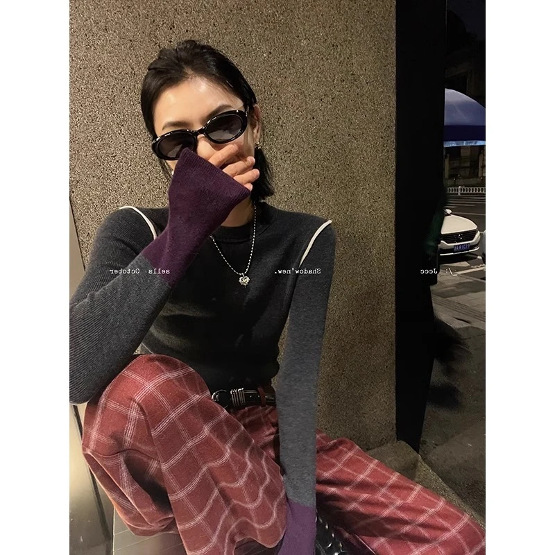 撞色长袖内搭针织衫女早春款韩系设计感小众软糯时尚修身正肩上衣