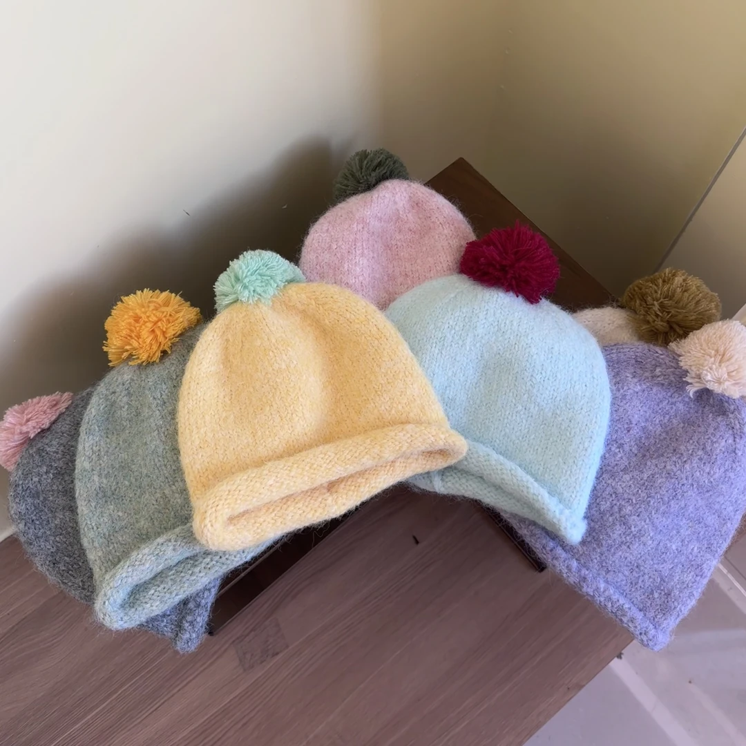 【儿童款】冬季韩版无檐毛线帽宝宝可爱纯色毛球帽子休闲风毛绒