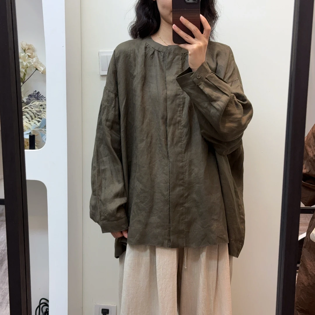 【羽翎】春季亚麻新款圆领休闲长袖女士衬衫 7777