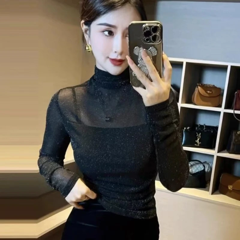 网纱亮片半高领打底衫女2025春秋新款修身洋气内搭长袖t恤上衣