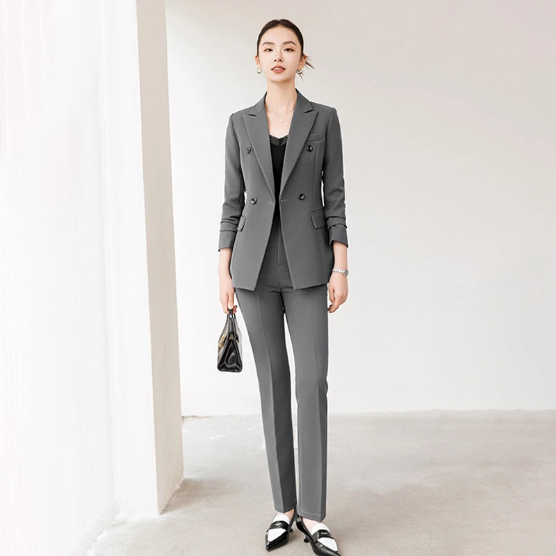灰色职业西装套装女春秋2025新款职场高级感气质双排扣正装工作服