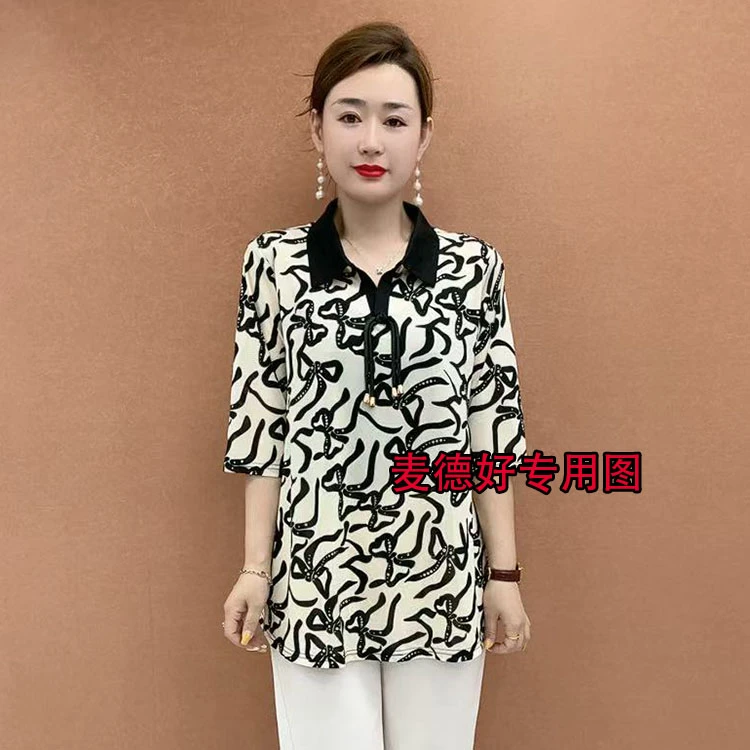 夏季新款蝴蝶结小衫气质妈妈装显瘦短袖洋气时尚夏季宽松遮肚子