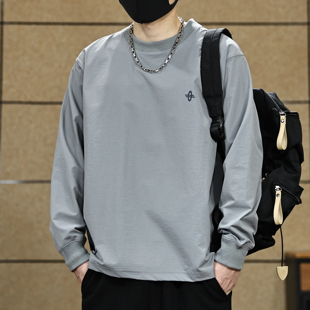 长袖t恤男秋季美式宽松重磅圆领打底衫男士简约刺绣纯色套头卫衣