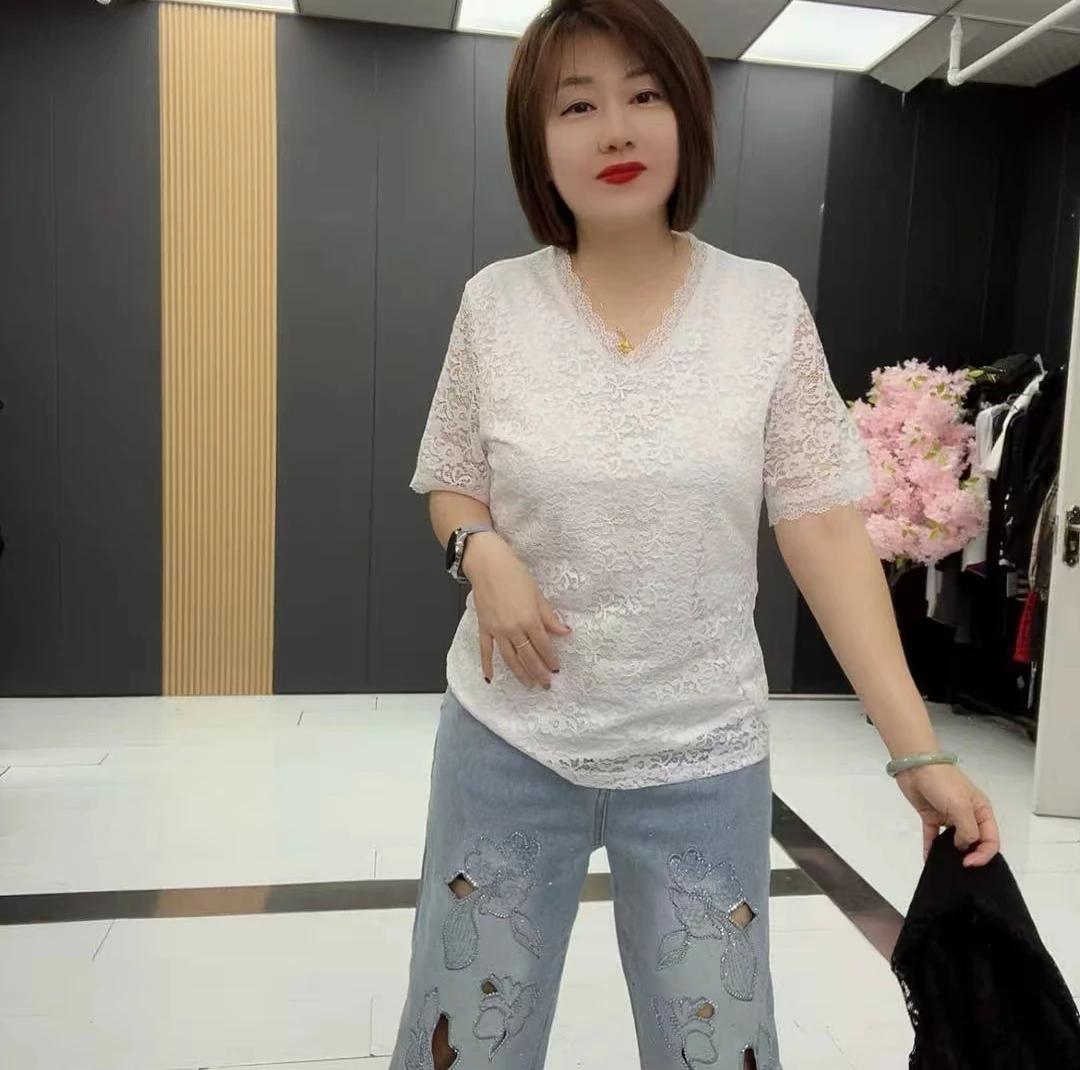 V领性感修身显瘦蕾丝半袖衫-DHY-8589