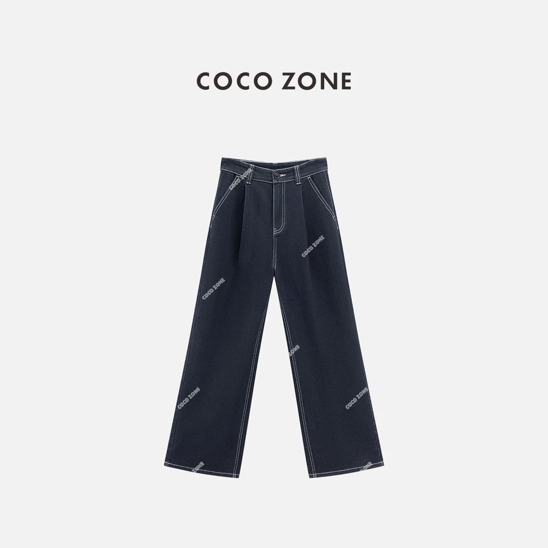 COCO ZONE 刘一一设计感明线百搭牛仔裤显瘦水洗直筒裤CC1C1583