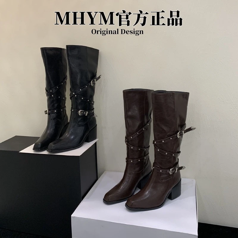 粗跟法式复古棕色西部牛仔长靴女2025年秋冬新款铆钉高筒骑士靴