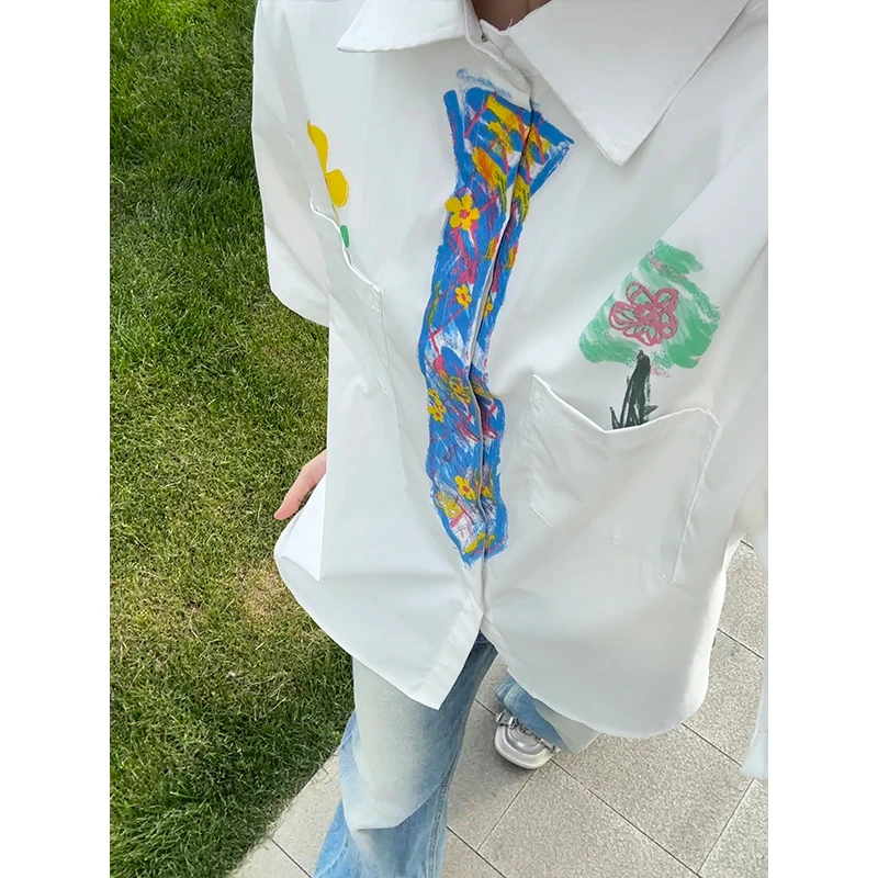 手绘涂鸦假领带短袖衬衫男款夏季高级感学院风五分袖衬衣情侣外套