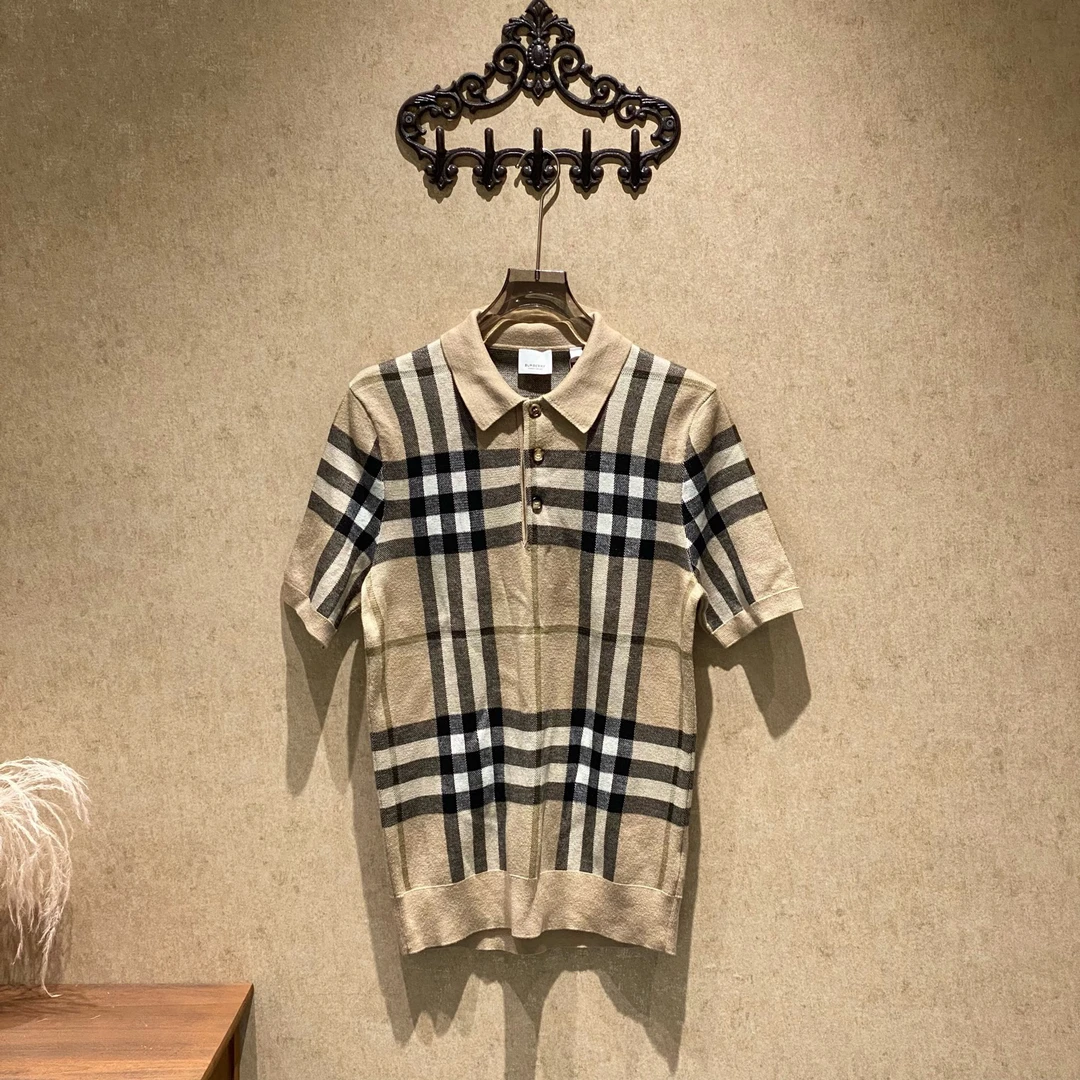99新 BURBERRY/博柏利 格纹羊毛针织短袖polo衫/m码/99新/35148