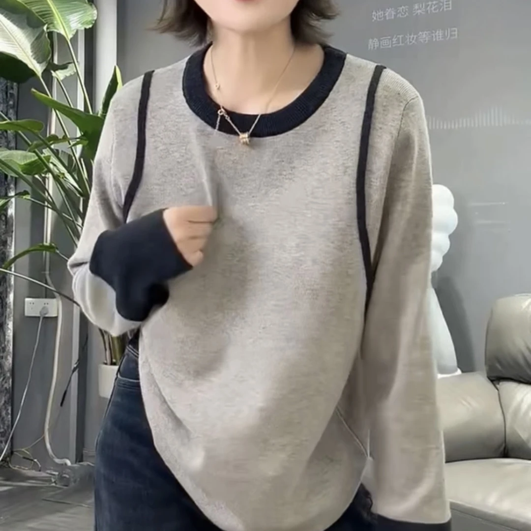 针织极简风女圆领休闲风小衫女装上衣假两件套头打底衫