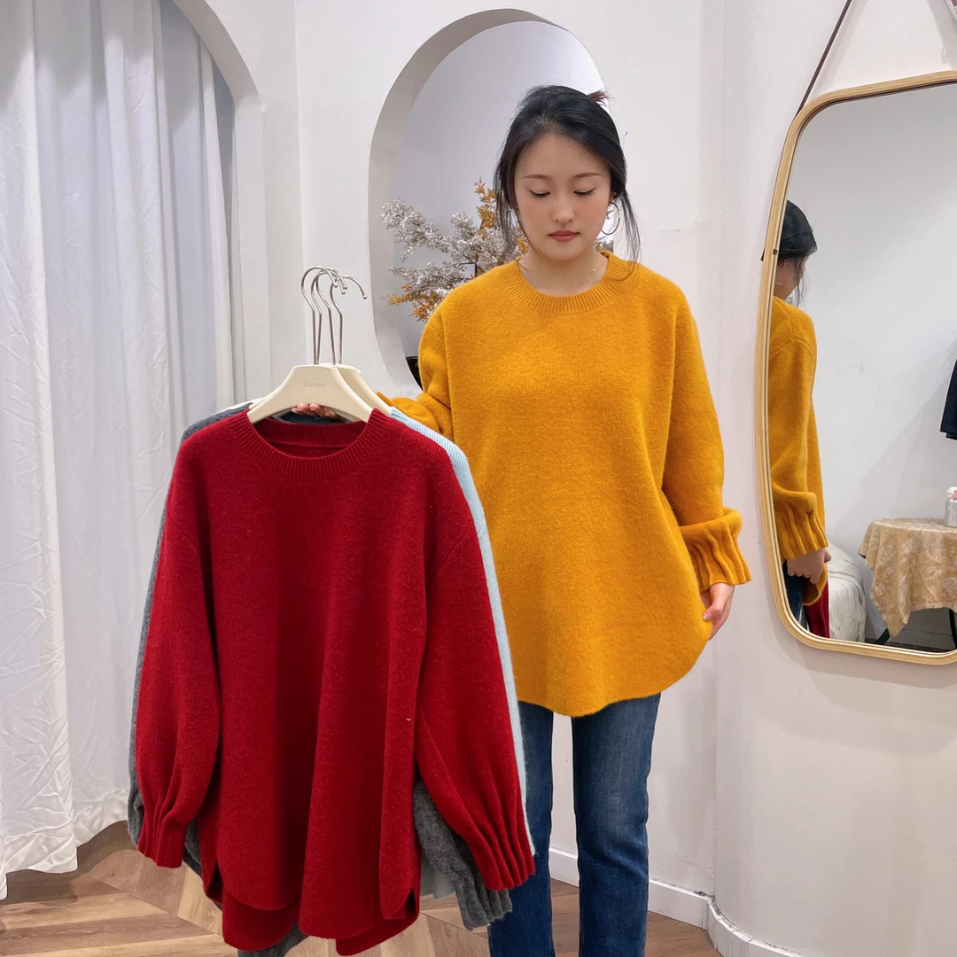 00彩色毛衣长款针织褶皱纯色厚款毛衣