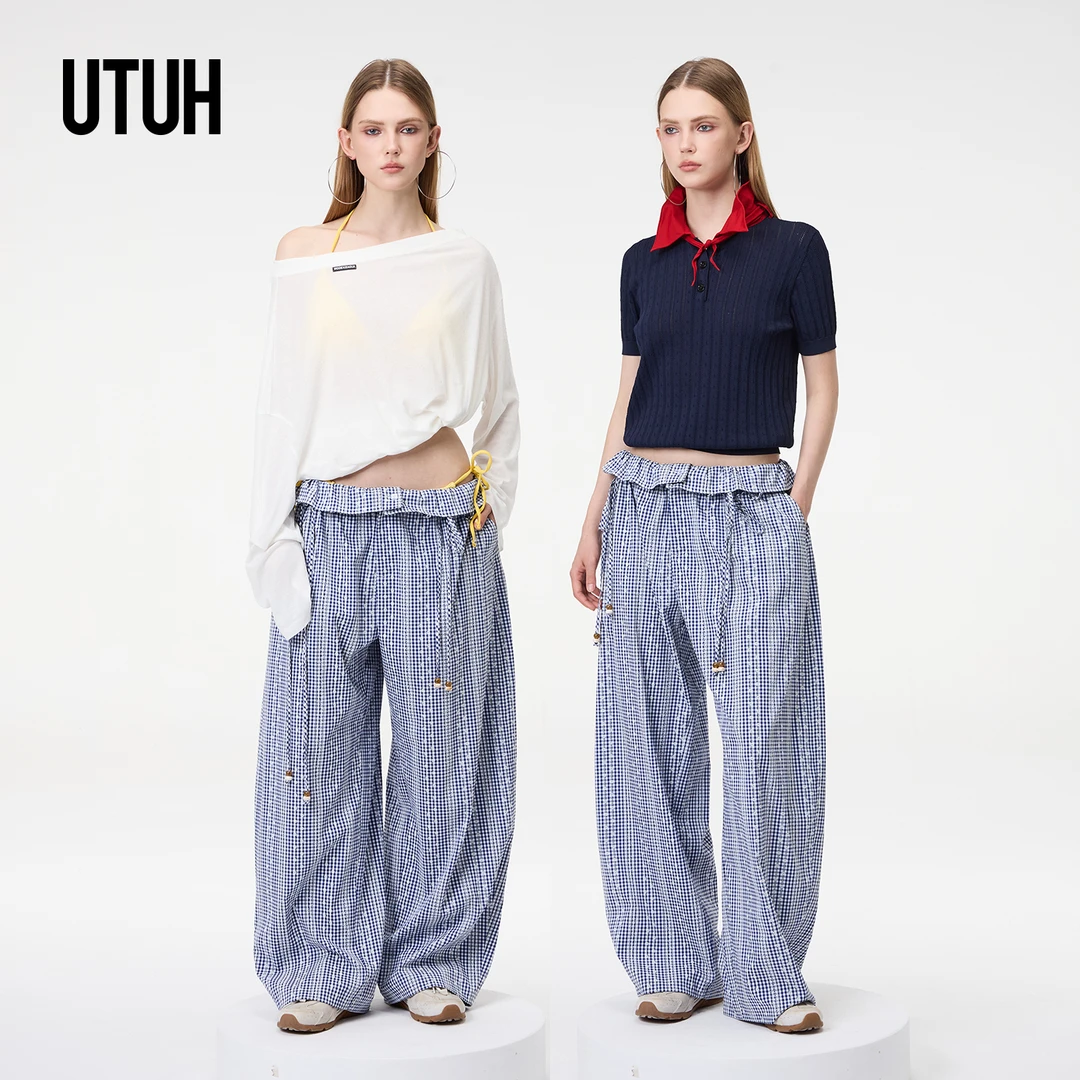 UTUH 蓝色腰头荷叶边清新格纹空气休闲长裤25夏季新款 TUWWR2K180