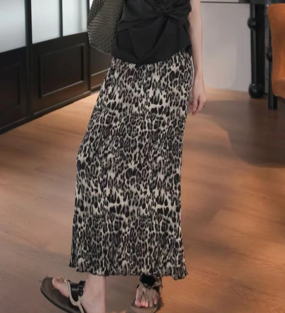 BANINGNA-2025欧货夏季小众高级感杏调豹纹压褶显瘦半身裙04445