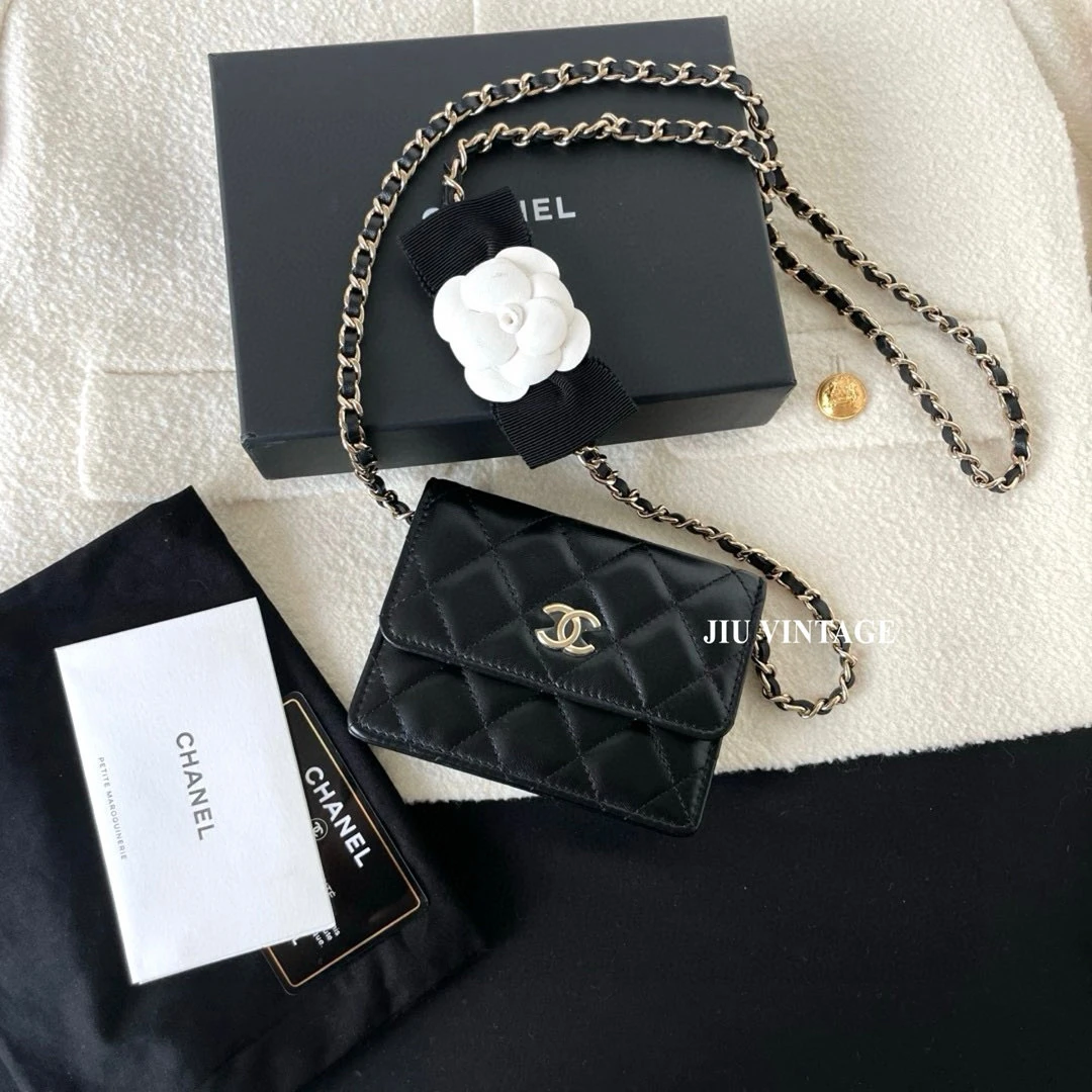 99新 Chanel/香奈儿 黑金山茶花mini woc全套无票31开 BJM11-0444