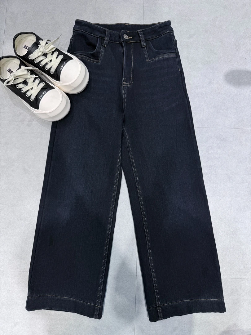 W5679王仙女2 「加绒加厚深蓝牛仔裤」韩版高腰显瘦宽松直筒牛仔裤