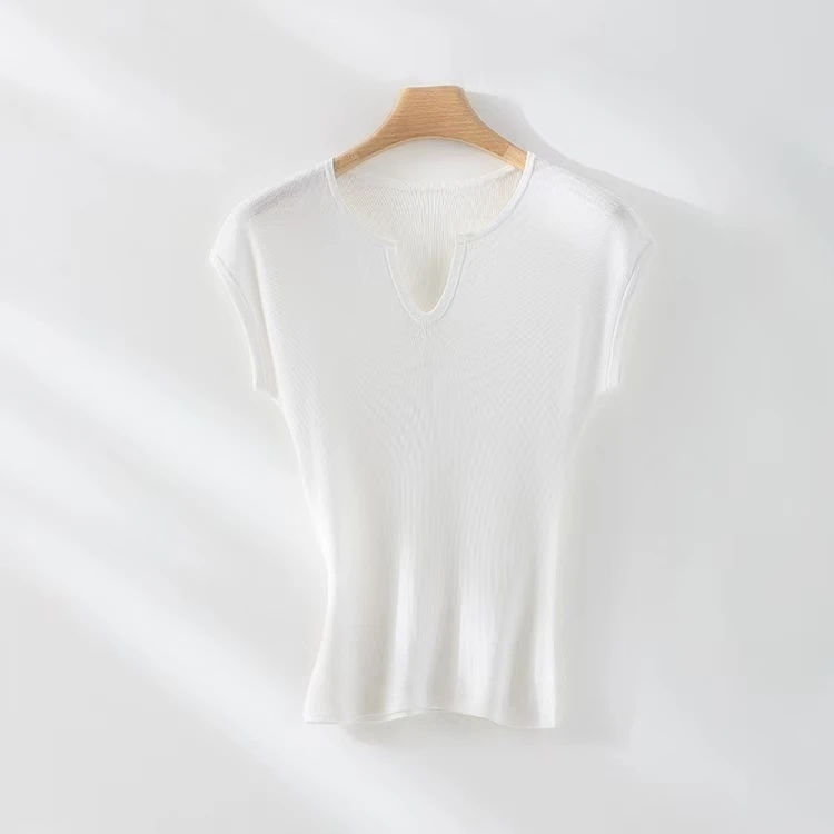 法式V领女桑蚕丝短袖针织衫简约毛衣上衣短袖时尚毛针织衫