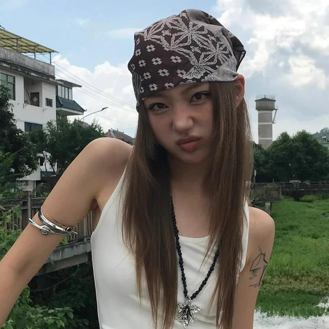 美式复古咖色印花头巾夏季薄款甜酷辣妹嘻哈街舞绑发包头方巾丝巾