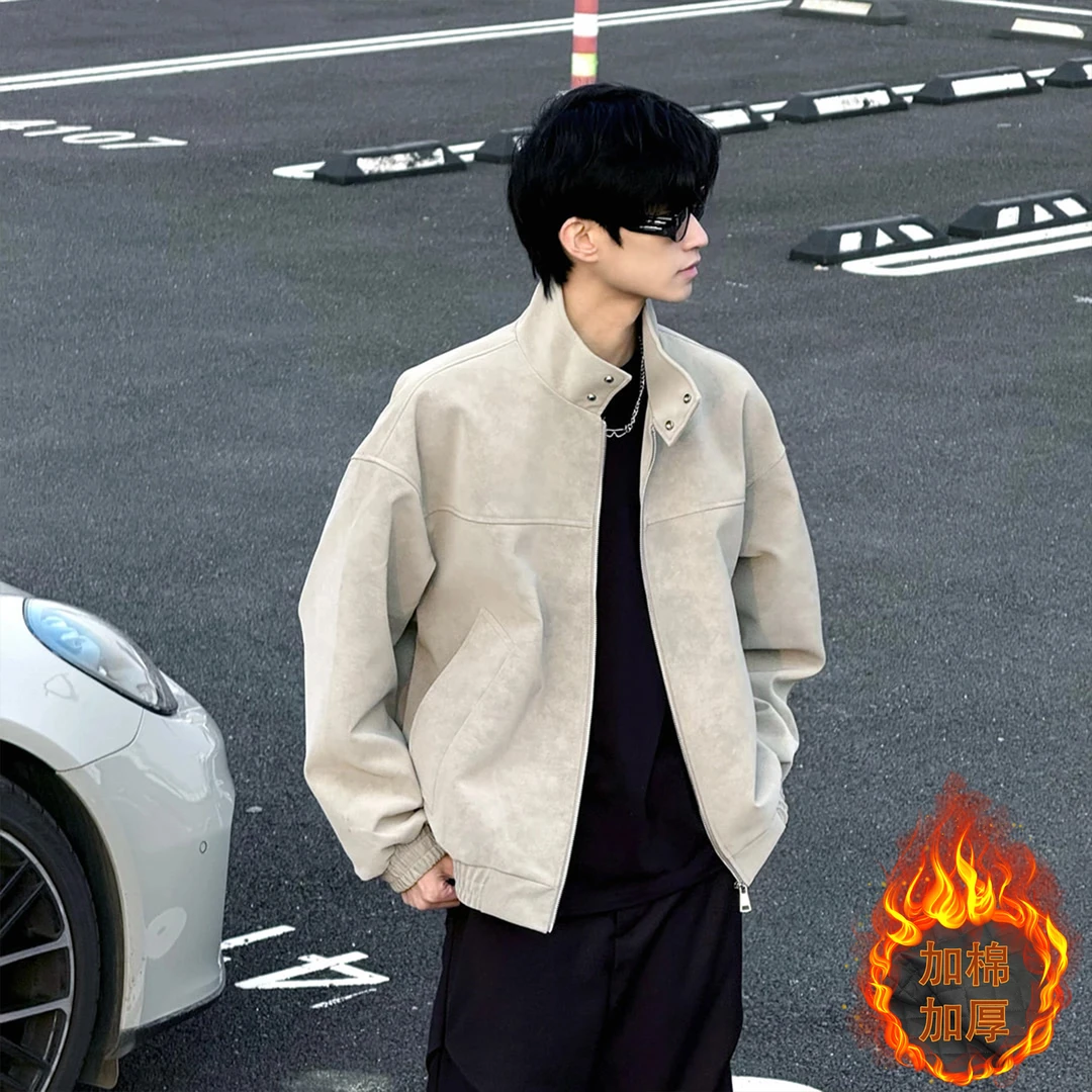 扎染pu皮衣短款外套男士重磅立领美式皮棉衣棒球服cleanfit皮夹克