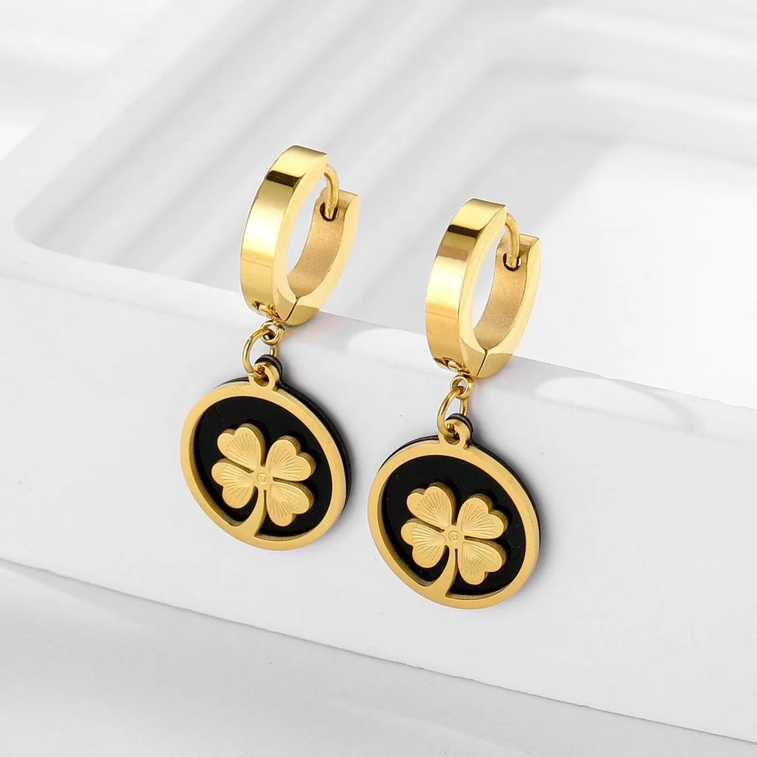 钛钢耳饰 时尚优雅双层幸运四叶草吊坠耳环清新魅力耳环097