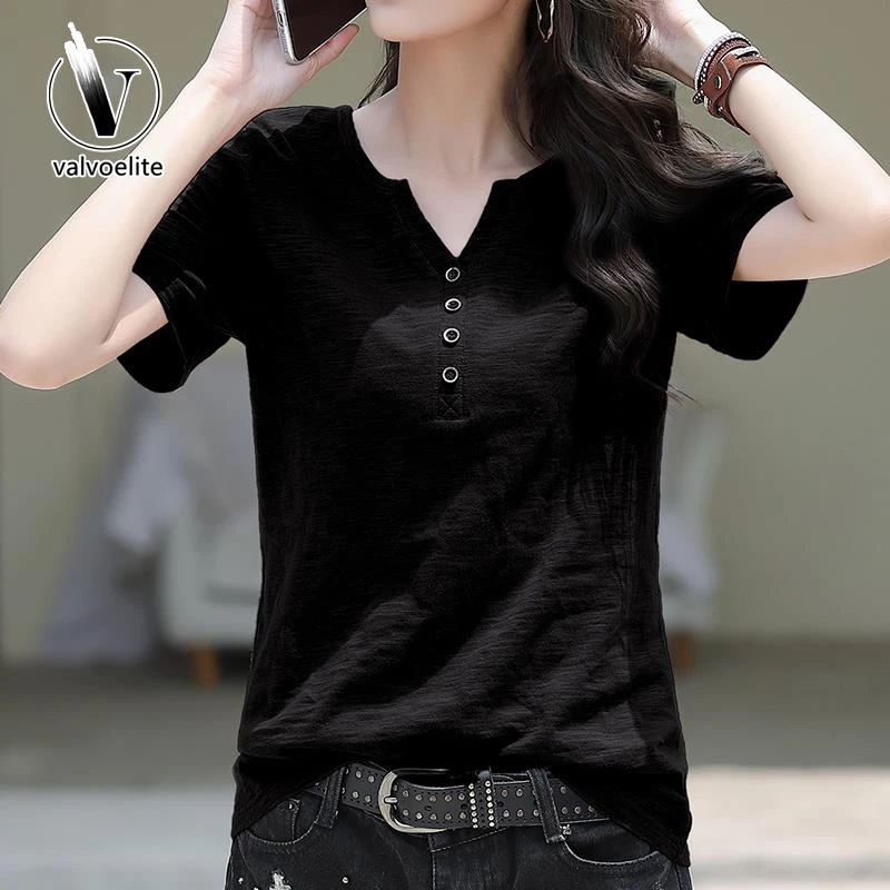 VALVOELITE黑色短袖体恤女装夏装新款宽松纽扣领大码半袖休闲上衣