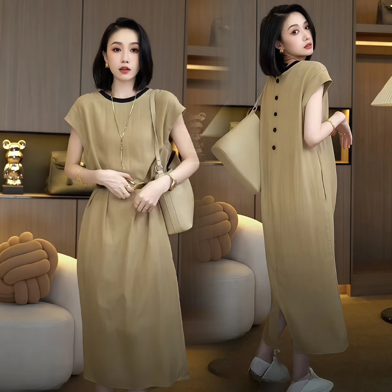 小个子气质时尚短袖连衣裙女2025年夏季新款韩版设计感拼色裙子潮