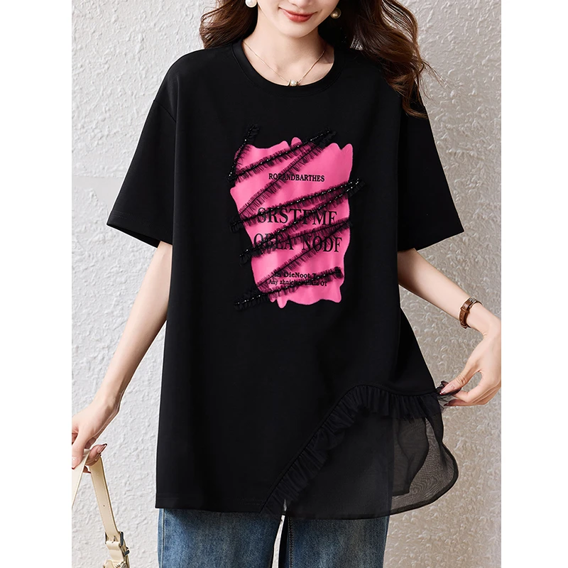 蕾丝拼接印花t恤女2025夏季宽松减龄时尚设计感大码短袖显瘦上衣