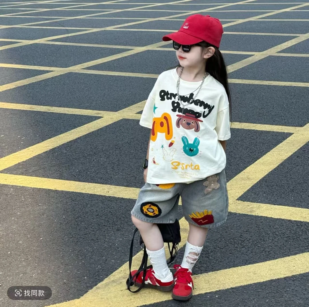 女童夏季时尚洋气毛巾绣牛仔中裤中大童百搭宽松短袖T恤衫