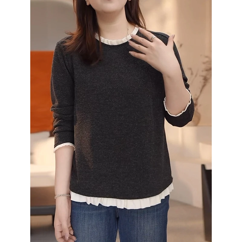 欧货假两件长袖针织衫秋冬大码胖MM时尚减龄宽松显瘦内搭打底上衣