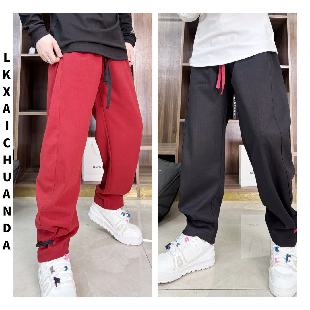 LKX.新年贺岁中国结红色卫裤时尚阔腿潮流百搭宽松百搭休闲裤男
