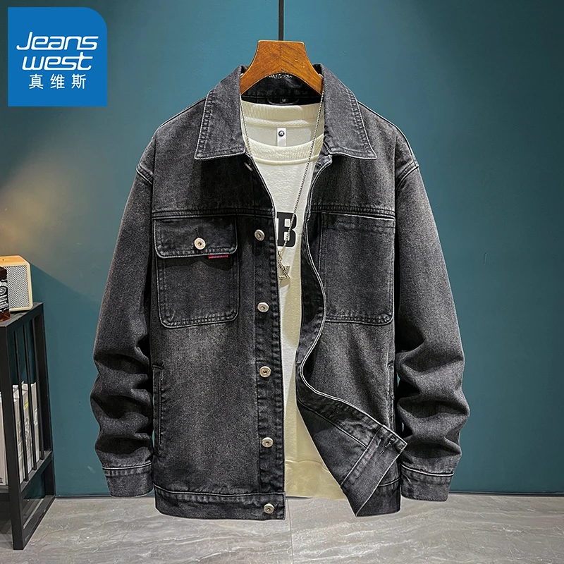 Jeanswest/真维斯春季牛仔外套男士宽松百搭工装夹克休闲复古上衣