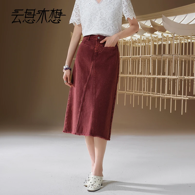 Ysimo-X云思木想 红烟梦沉 定制色毛边流苏后幅开叉半身裙13112