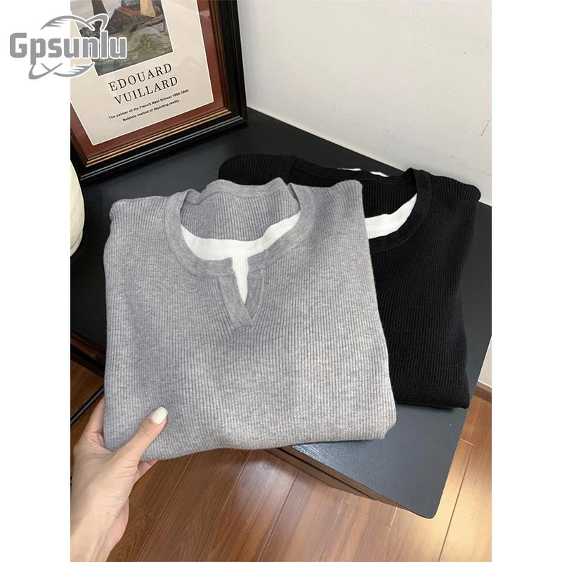 gpsunlu假两件针织打底衫毛衣女秋冬季新款内搭长袖圆领上衣修身
