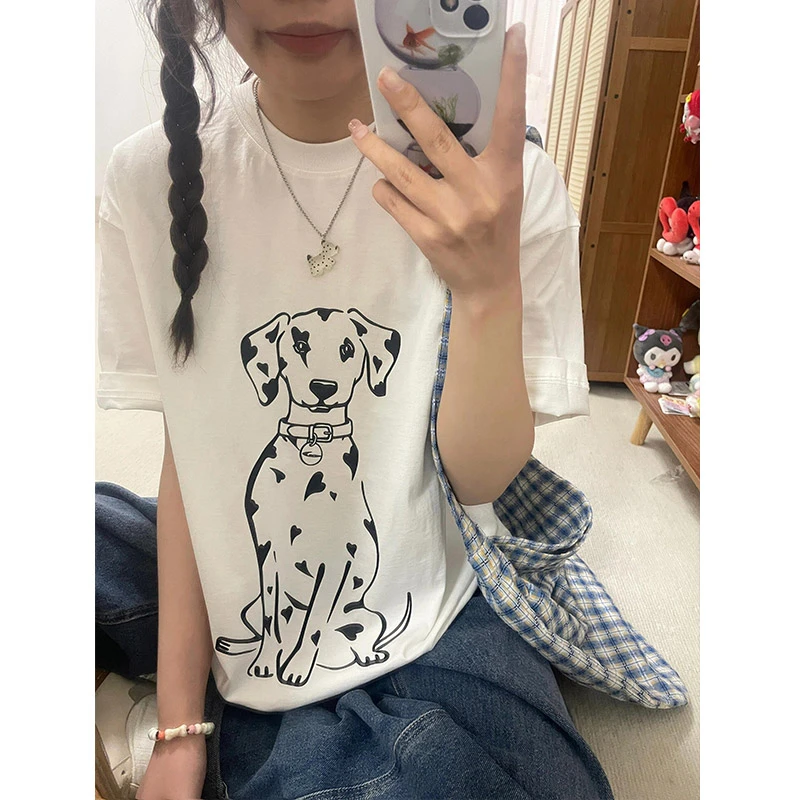 美式复古白色重磅t恤女夏季斑点小狗印花宽松休闲百搭纯棉短袖ins