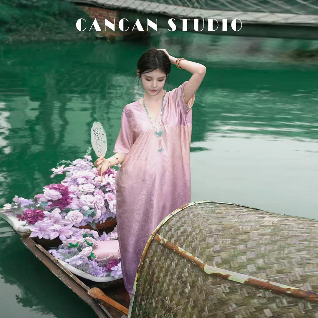 CANCAN STUDIO【粉紫花影】新中式原创设计春夏季长款连衣裙G77590