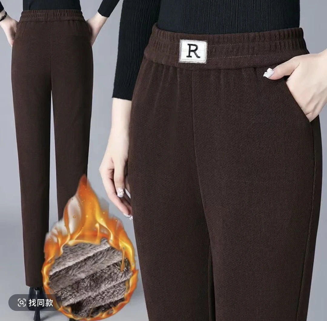 冬季加绒加厚裤子女高腰哈伦裤休闲哈伦裤女大码妈妈裤宽松秋冬