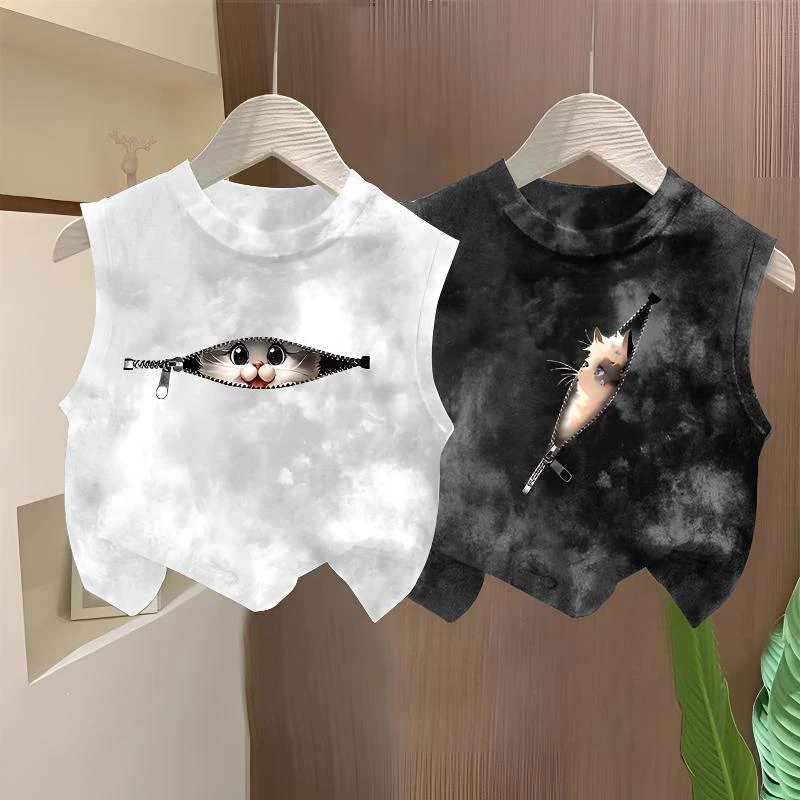 宝宝夏季纯棉男童女童无袖背心T恤2025新款儿童潮流个性卡通上衣