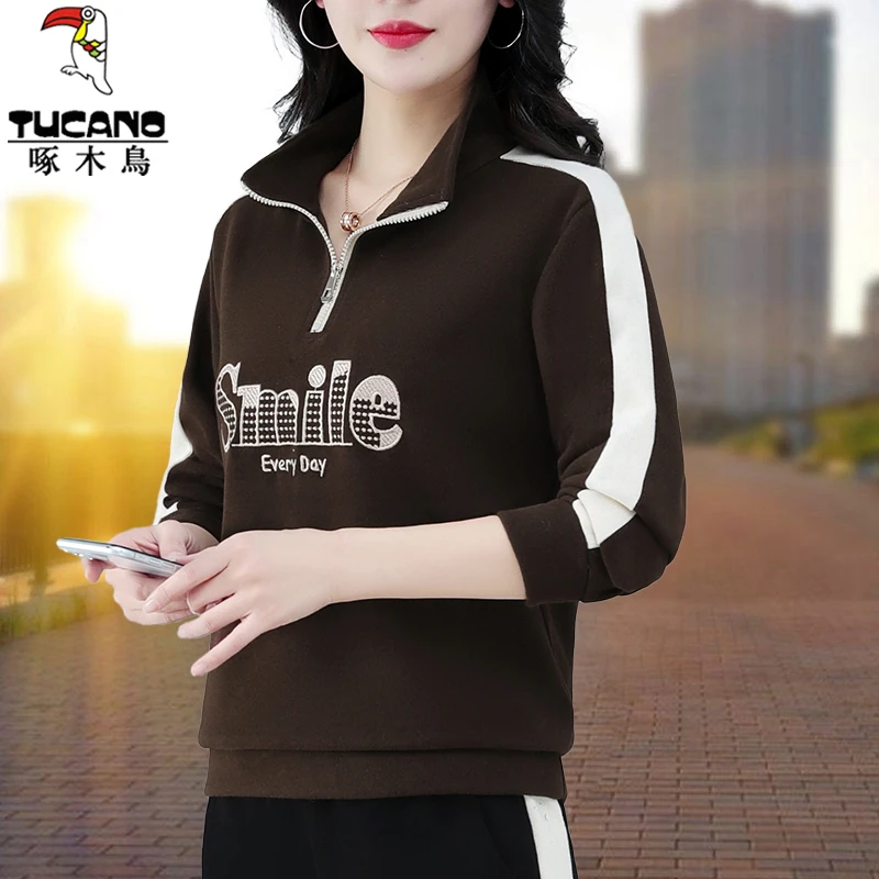【品牌】啄木鸟半开领卫衣女春季新款爆款洋气中年妈妈运动长袖上衣