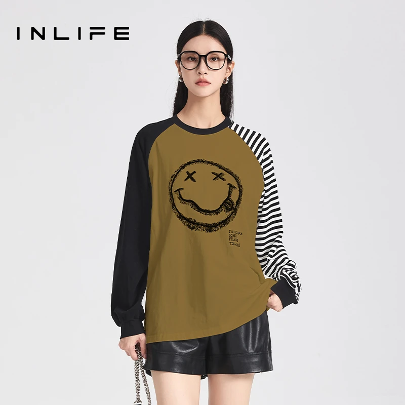 inlife条纹拼接长袖T恤女减龄卡通宽松打底衫别致上衣Q23D1T7262