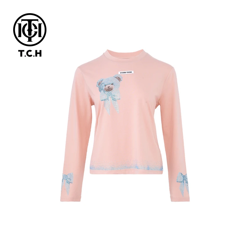 TCH私服烫钻粉色时尚蓝钻小熊长袖T恤T75A08E5007轻奢tch
