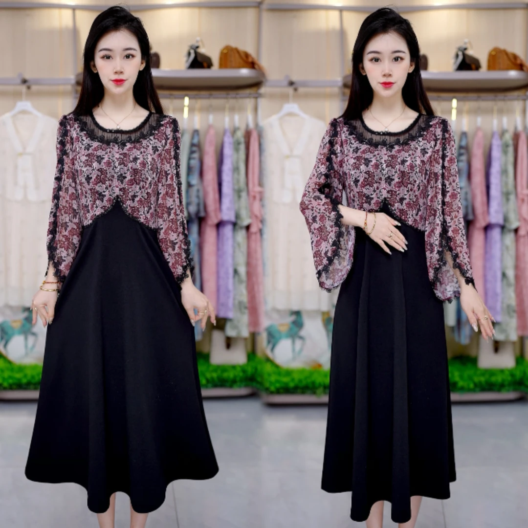 春季新款时尚拼接优雅收腰遮肉显瘦连衣裙