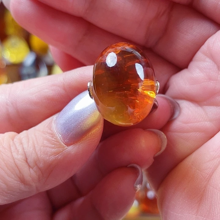 琥珀银S925镀金镶嵌裸石戒指