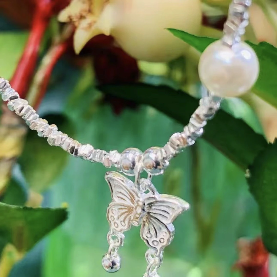 坠链均足银 坠链均足银精致气质新中式国潮蝴蝶碎银项链新款礼物