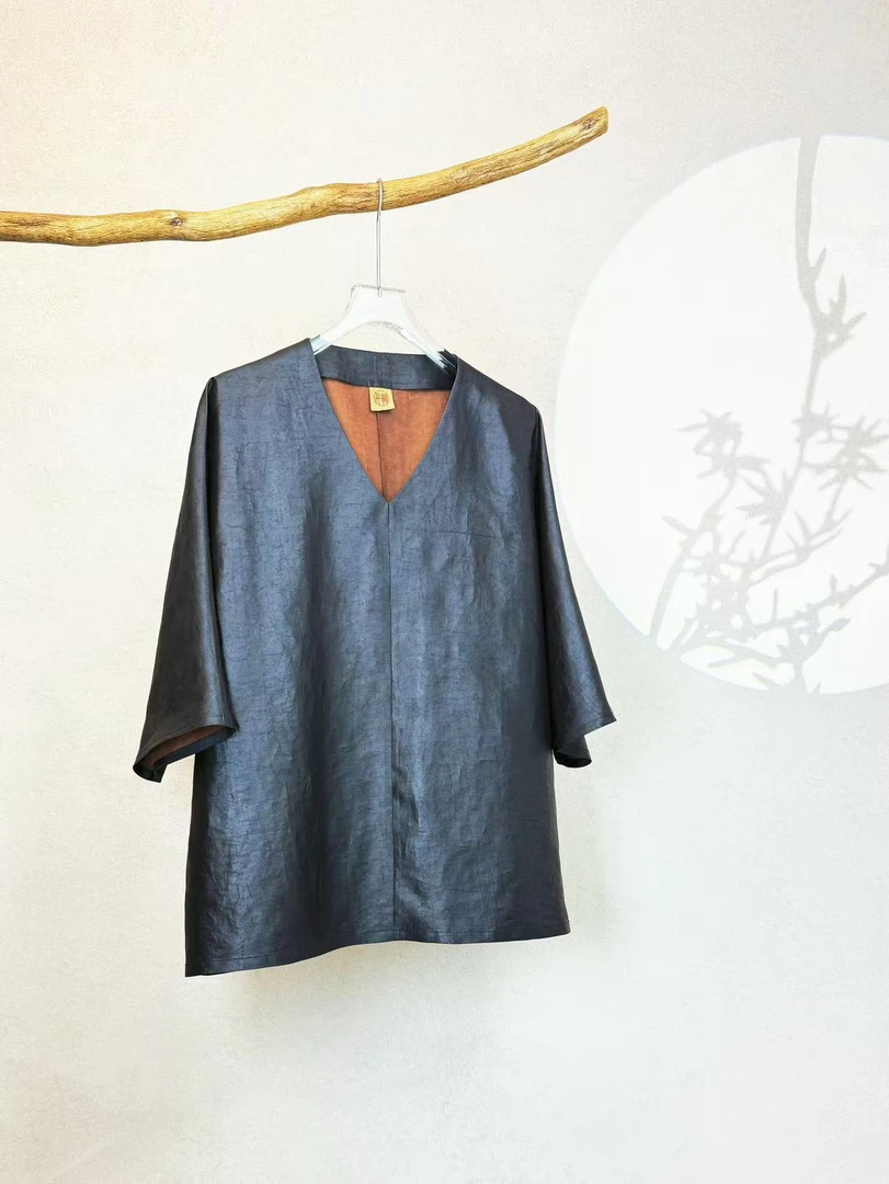 蚕丝香云纱老料高定款v领中国风上衣宽松新中式