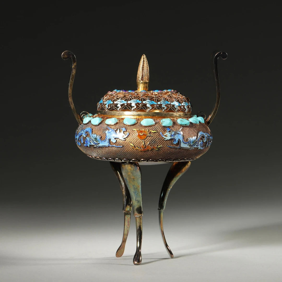 Lot34 清代 银罍丝烧蓝熏炉