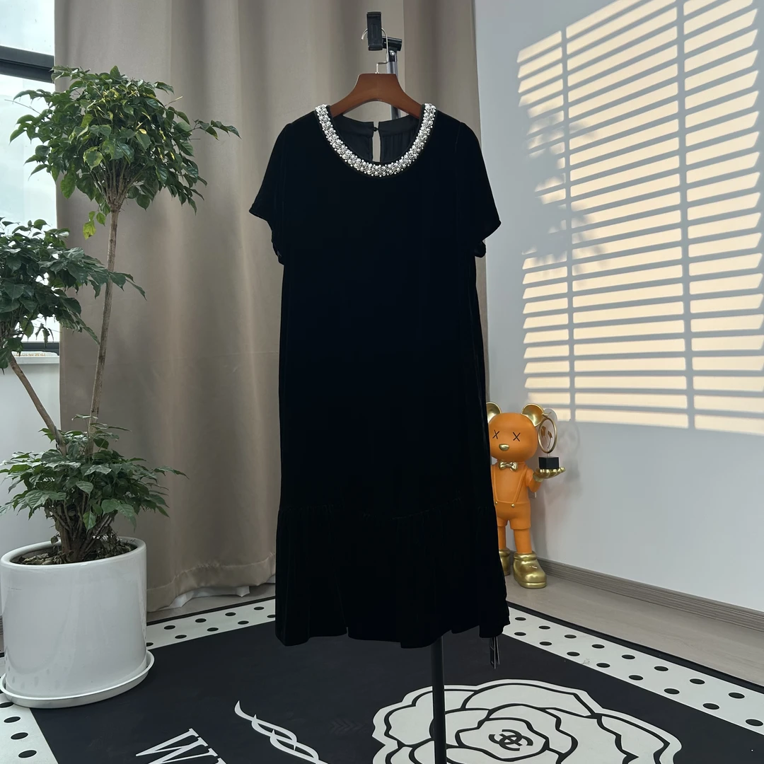 FOURbosses真丝丝绒连衣裙100桑蚕丝钉钻轻奢时尚黑色设计师气质