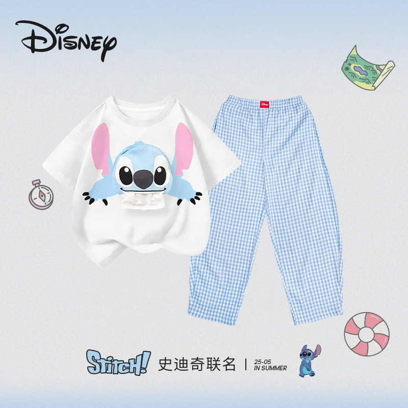 Disney/迪士尼史迪仔卡通动漫夏季女休闲套装宽松格子家居服