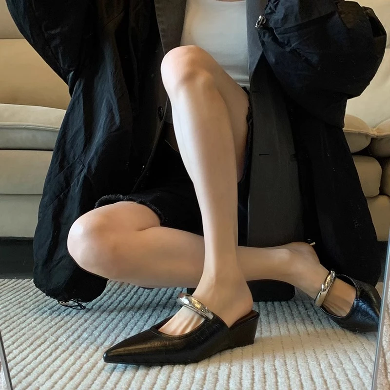 内增高坡跟尖头包头半拖鞋女外穿2025新款夏季绝美玛丽珍穆勒单鞋